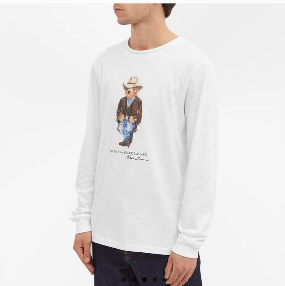 Mens Ralph Lauren White Polo Bear Long Sleeve Shirt Size M - Picture 2 of 8